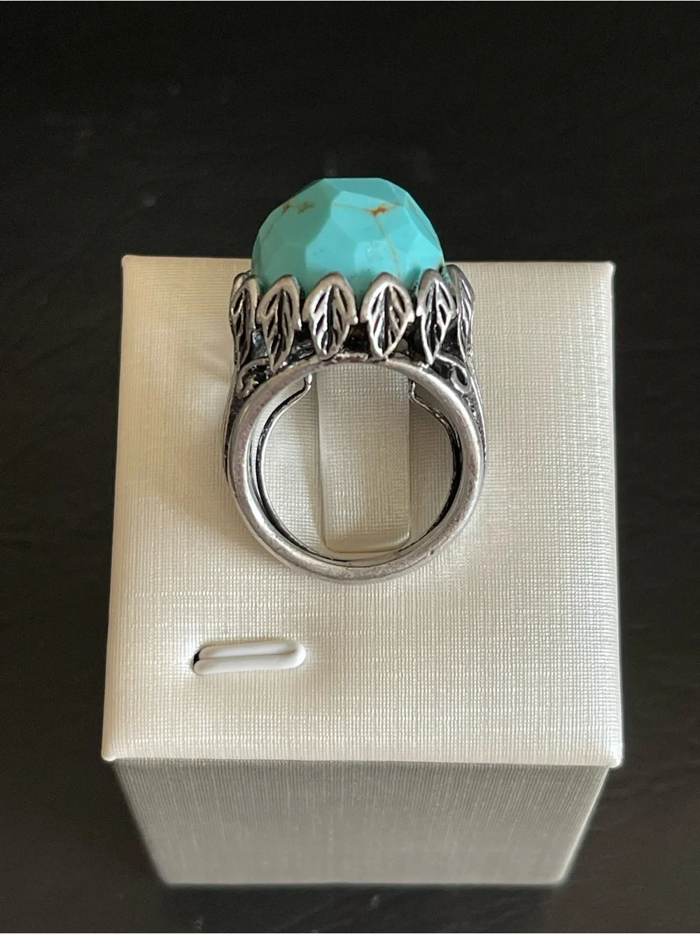 Lucky brand Turquoise Statement Ring with Silver Leaf Setting .